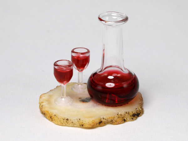 Dollhouse miniature red wine decanter & glasses on agate slab