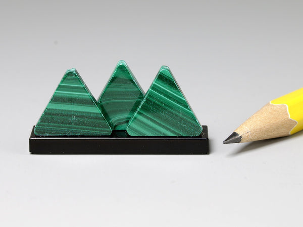 Arrangement of three malachite triangles, dollhouse miniature sculpture