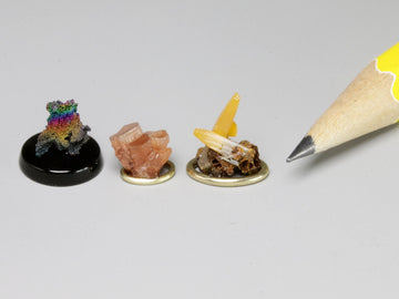 1:24 scale mineral specimens.  Rainbow turgite, aragonite, wulfenite.  Sold individually