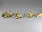 Three gold dragon figurines holding birthstones, dollshouse miniatures