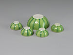 Undersides of Set of miniature red and green watermelon porcelain bowls, dollhouse miniatures