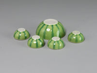 Undersides of Set of miniature red and green watermelon porcelain bowls, dollhouse miniatures