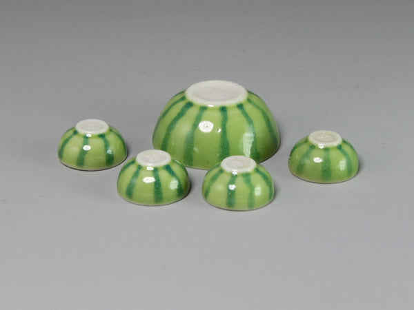 Undersides of Set of miniature red and green watermelon porcelain bowls, dollhouse miniatures