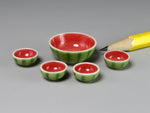 Set of miniature red and green watermelon porcelain bowls, dollhouse miniatures