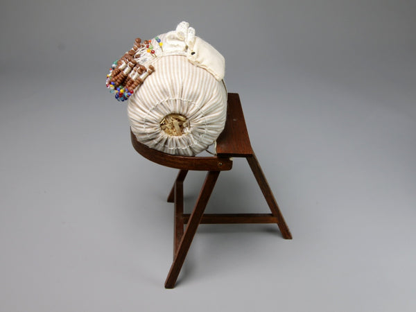 Side view, Carol Hardy 1:12 lacemaker's stand and pillow, dollhouse miniature