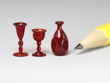 1:24 scale Whittemore red glass - wine glass, goblet, bottle. Sold individually