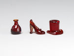 Francis Whittemore 1:24 red glass bottle, shoe, top hat.  Dollhouse miniatures
