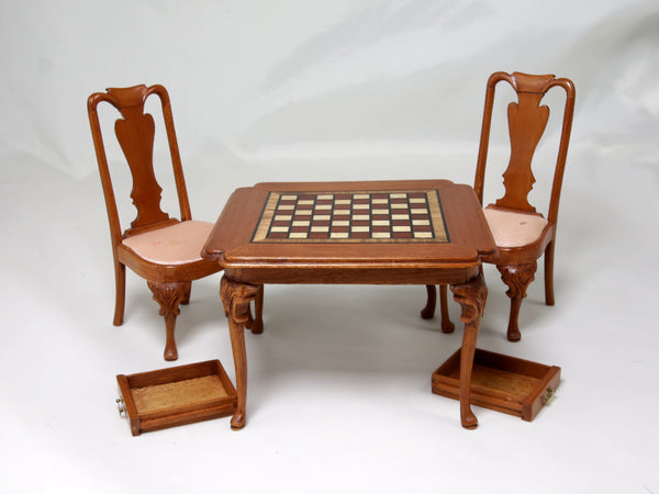 Edward Chapman chess table & two chairs, dollhouse miniature