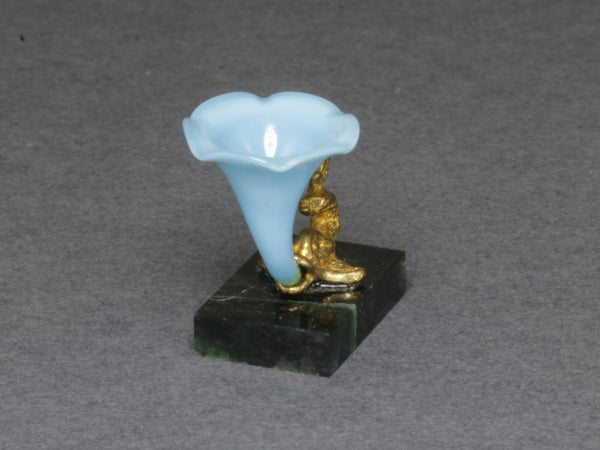 End view, Whittemore blue glass dolphin cornucopia, 1:12 scale