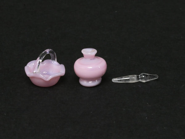 Whittemore pink glass dollhouse basket and perfume bottle