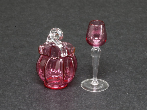 Whittemore cranberry basket and wine glass, 1:12 scale