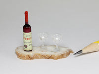 1:12 scale dollhouse miniature wine bottle and glasses on natural rock slab