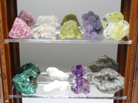 Specimens, top two shelves of dollhouse mineral cabinet