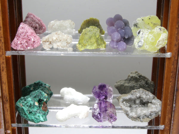 Specimens, top two shelves of dollhouse mineral cabinet